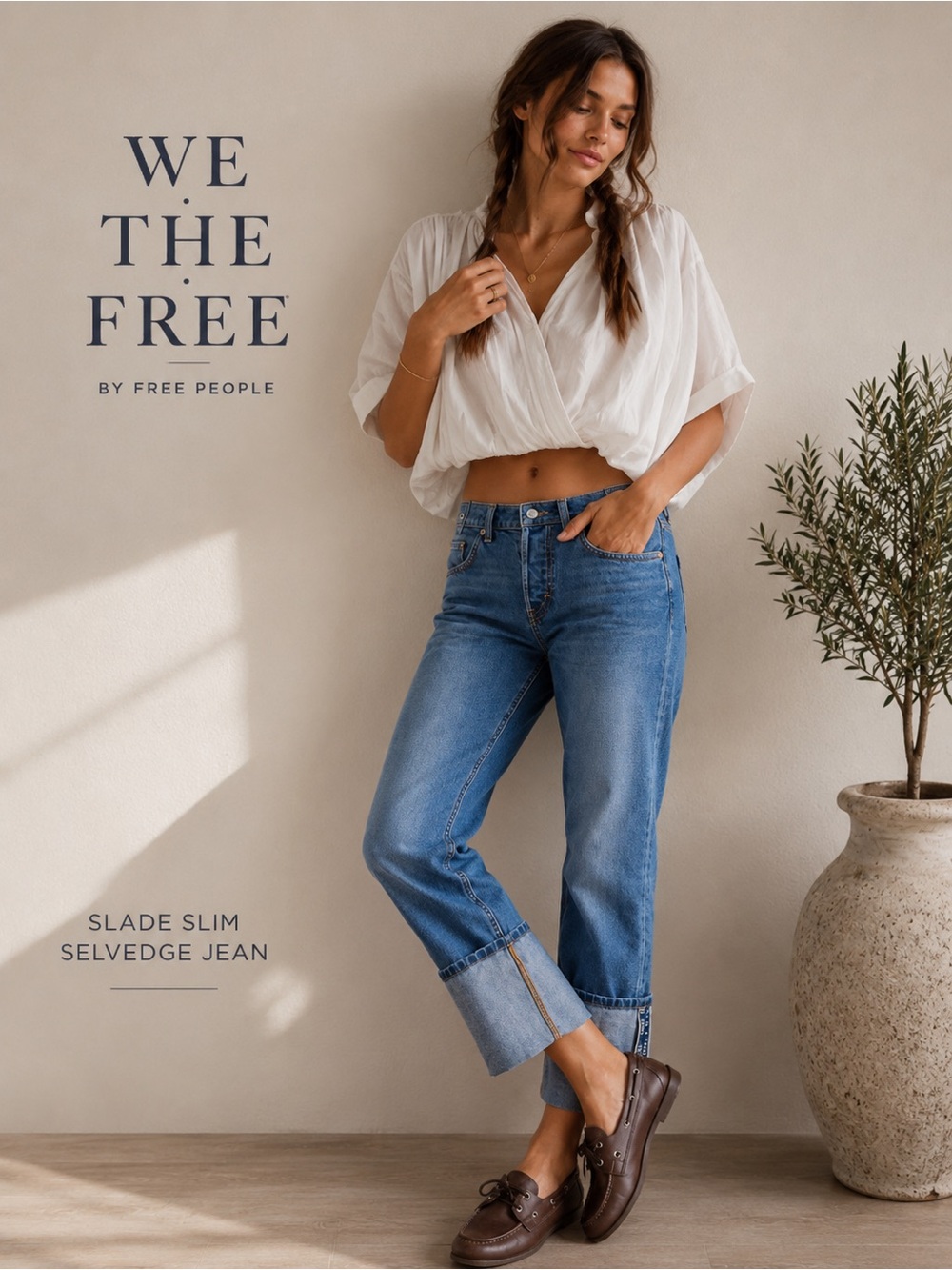 Free People We The Free Slade Slim Selvedge Jeans 26 True Blue Cuffed Cotton